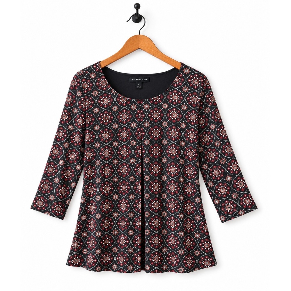 Zac & Rachel Floral Print 3/4 Sleeve Tunic Top Black Lined Size Large